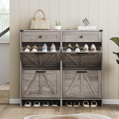 Shoe Cabinet with 4 Flip Drawers & 2 Drawers,Farmhouse Shoe Storage Cabinet for Entryway,Slim Freestanding Organizer Rack for Front Door Entrance,Grey