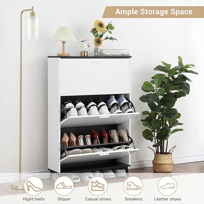 Narrow Shoe Cabinet with 3 Flip Drawers, 47 Inch Tall Freestanding Storage, Farmhouse Style Slim Organizer for Entryway Hallway Closet