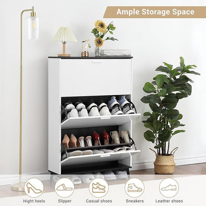 Narrow Shoe Cabinet with 3 Flip Drawers, 47 Inch Tall Freestanding Storage, Farmhouse Style Slim Organizer for Entryway Hallway Closet
