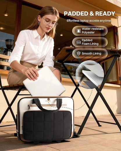Rolling Puffer Laptop Bag, Rolling Briefcase for Women, Wheeled 16 Inch Computer Bag, Water Resistant Stylish Overnight Underseat Carry On Luggage with Wheels for Work Travel Business, Beige Brown