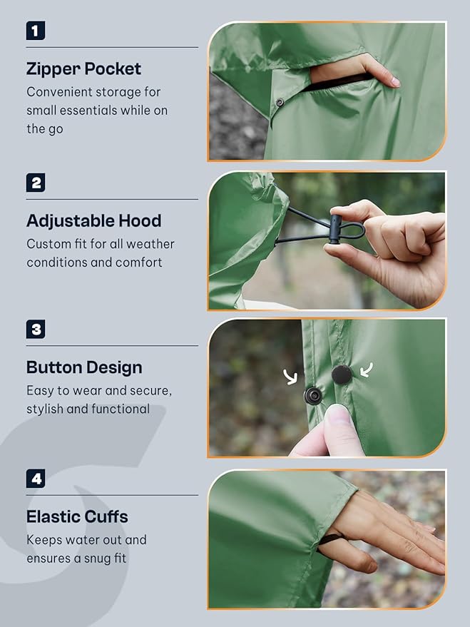SaphiRose Unisex Rain Poncho Waterproof Raincoat Hooded for Adults Women with Pockets