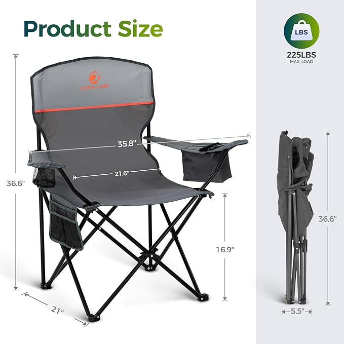 ALPHA CAMP Folding Camping Chairs for Adults Lawn Chairs Outdoor Chairs Support 250 LBS Portable Camp Chairs with Cup Holders Cooler Pouch for Outdoor, 2 Pack
