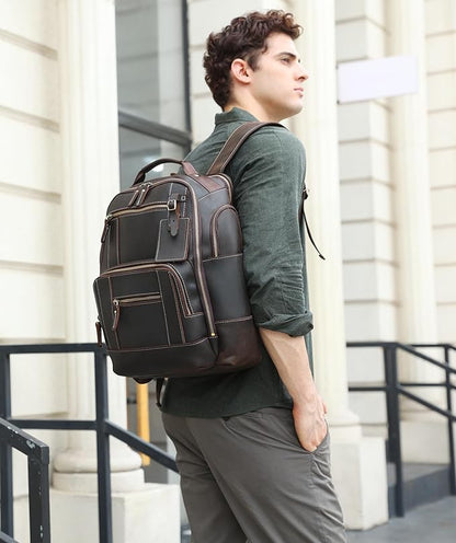 LANNSYNE Vintage Genuine Leather Backpack for men, 15.6" Laptop Backpack Travel Camping 24L Rucksack