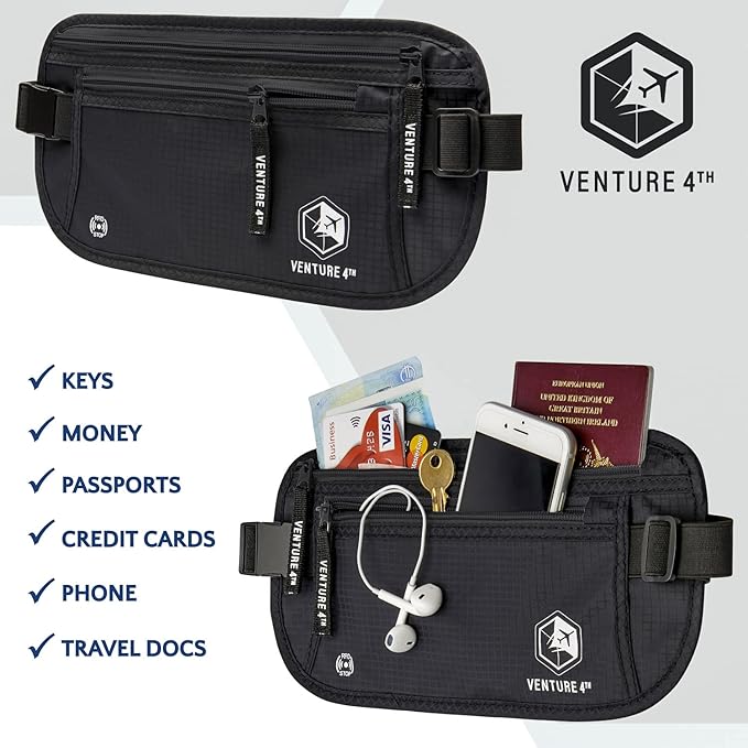 VENTURE 4TH Money Belt for Travel – Hidden Under-Clothes RFID Blocking Passport Holder & Slim Travel Wallet Pouch for Men & Women to Protect Cash, Cards & Documents (Pure Black)
