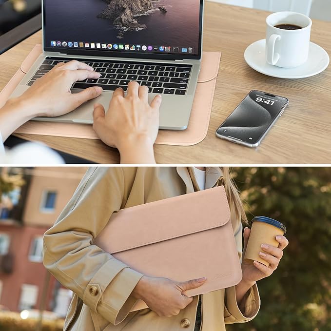 Allinside 13 Inch Laptop Sleeve Case for MacBook Air 13 2018-2025/MacBook Pro 13 2016-2022/Macbook Pro 14 2021-2024, Waterproof Matte PU Leather Horizontal Envelope Protective Case Cover, Flesh Pink