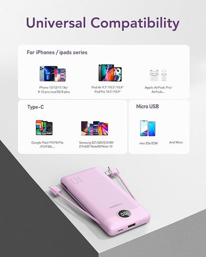 VEGER Portable Charger for iPhone Built in Cables and Wall Plug, 10000mah Slim Fast Charging USB C Power Bank, Travel Essential Battery Pack Compatible with iPhones, iPad, Samsung More Devices(Purple)