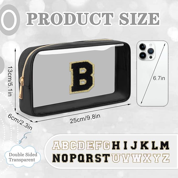 Small Clear Personalized Initial Makeup Bag,Nylon Preppy A-Z Chenille Letter Patch Cosmetic Pouch Beach Toiletry Bag,Waterproof Zipper Travel Purse Storage Bag Organizer for Women Girls(Black-Black B)
