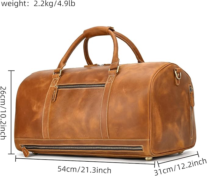 Full-grain Leather Travel Bag Large Capacity Duffel Luggage Bag with Shoe Compartment, Men Weekend Overnight Bag for Business Holiday Trip, Light Brown