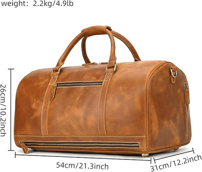 Full-grain Leather Travel Bag Large Capacity Duffel Luggage Bag with Shoe Compartment, Men Weekend Overnight Bag for Business Holiday Trip, Light Brown