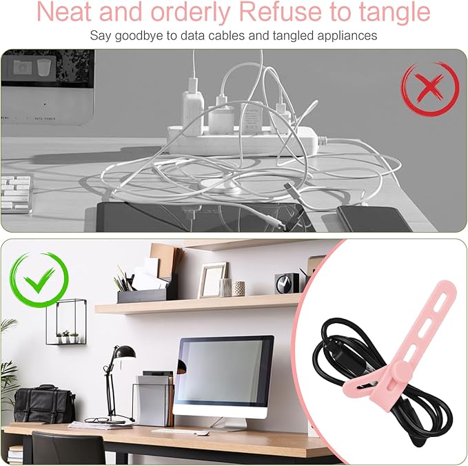 Donruby 24Pcs Silicone Cable Ties - Reusable & Washable with Locking Buckle Design, Adjustable Fastening Cable Straps, Multi-Purpose High Elasticity Cord Organizer (Pink)