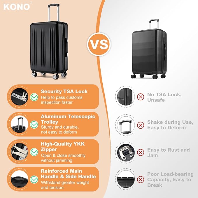 Kono Lightweight 24 Inch Expandable Luggage with Quiet Spinner Wheels TSA Lock, Scratch and Drop Resistant PC+ABS Hardside Durable Medium Checked Suitcase, Black