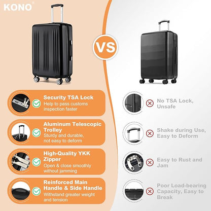 Kono Lightweight 24 Inch Expandable Luggage with Quiet Spinner Wheels TSA Lock, Scratch and Drop Resistant PC+ABS Hardside Durable Medium Checked Suitcase, Black