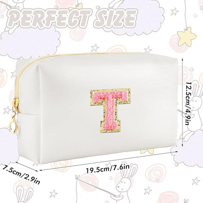 Initial Makeup Bag Personalized Preppy Travel Small Cosmetic Bag Cute PU White Chenille Letter Makeup Pouch for Purse Waterproof Zippered Toiletry Organizer for Women Girls Kids Friends (T)