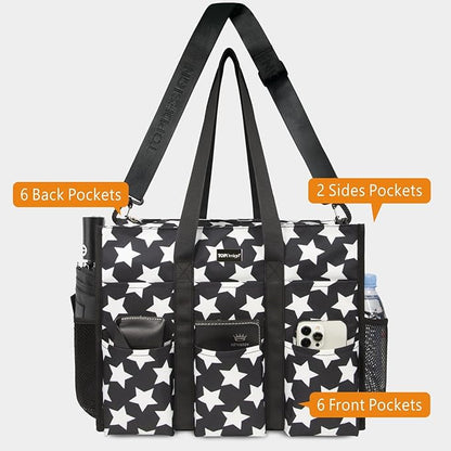 TOPDesign Utility Water Resistant Tote Bag with 22 Pockets, Top Zipper Closure & Thick Bottom Support, for Working Women