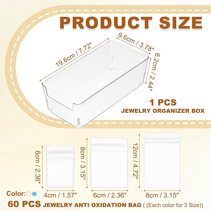 PATIKIL Clear Jewelry Box, Organizer Holder Box with 60 Pcs Portable Anti Tarnish Jewelry Bags, Travel Case for Women Earrings Rings Necklaces Bracelets, White, Blue 3 Size