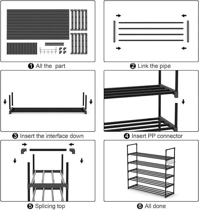 5 Tiers Metal Shoe Rack,Adjustable Shoe Shelf Storage Organizer with Hooks,Stackable Boot & Shoe Storage,for Entryway,Hallway,Closet,Black