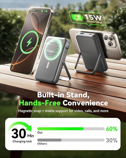 for MagSafe Portable Charger 10000mAh, Magnetic Wireless Power Bank with Foldable Stand, Fast Charging USB-C Battery Pack for iPhone 17/16/15/14/13/12 Series, Strong Magnetic Snap