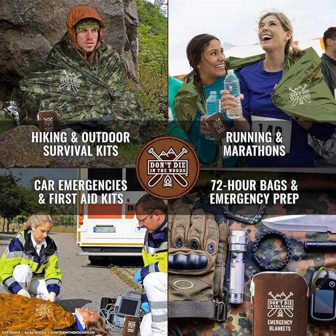 Don't Die In The Woods - World’s Toughest Emergency Blankets [4-Pack] Extra Thick Thermal Mylar Space Blanket - One of The Ten Essentials Outdoor Survival Gear Hiking Camping First Aid Kit (Orange)