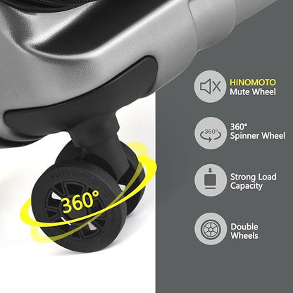 TydeCkare 16" Carry on Luggage with 2 Laptop Compartments, Lightweight Hardshell ABS+PC Suitcase with Dual Control TSA Lock, with YKK Zipper, 4 Spinner Silent Wheels, for Business Travel, Silver Grey