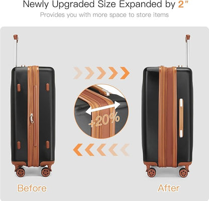 Kono Lightweight 24 Inch Expandable Luggage with Quiet Spinner Wheels TSA Lock, Scratch and Drop Resistant PC+ABS Hardside Durable Medium Checked Suitcase, Black & Brown