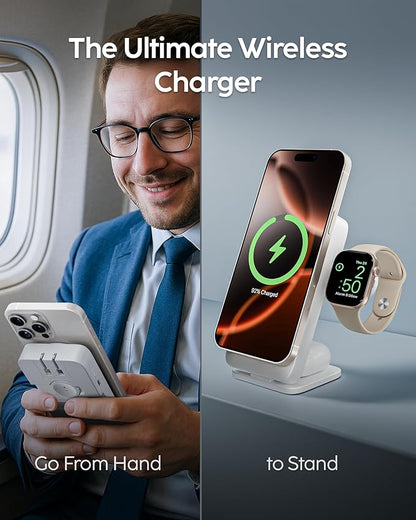 myCharge EcoHub 3-in-1 Magnetic Wireless Charger & Battery Pack for iPhone, iWatch, AirPods - 6,000mAh Battery | Built-in Wall Plug | 15W Magsafe Wireless Output | Foldable | Charging Station | Grey