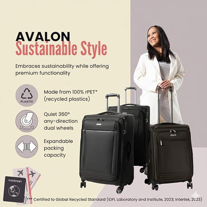 Ricardo Beverly Hills Avalon Softside Medium Check-In Luggage Made with Sustainable 100% Recycled PET (rPET), Lightweight, Eco-Friendly Travel, Expandable, Dual Spinner Wheels, Black, 24-inch