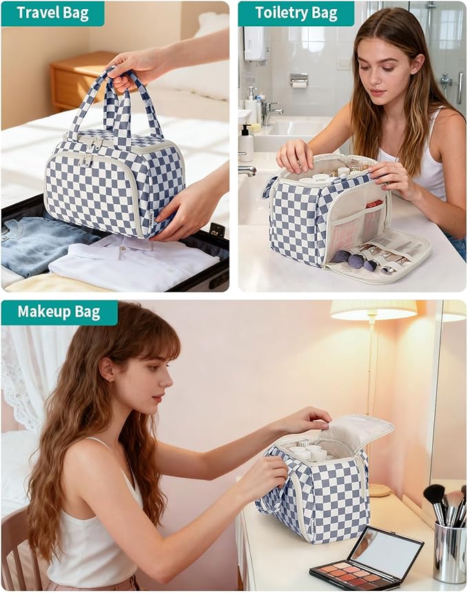 Narwey Large Travel Toiletry Bag, Wide-open Travel Bag for Toiletries, Toiletry Bags for Traveling Women,Cosmetic Make Up Makeup Bag Organizer with Wet Pocket, Skincare Bag (Greyish Blue Checkerboard)