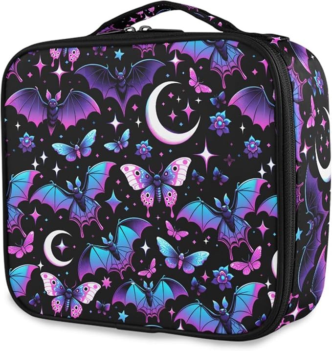 MNSRUU Travel Makeup Bag, Neon Purple and Bats Stars and Moons Women Makeup Case Organizer Cosmetic Toiletry Bag for Teenage Girl with Adjustable Dividers