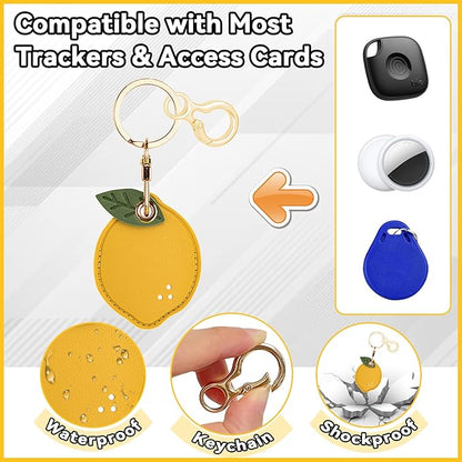 Leather Keychain for Airtag, Cute Protective Keychain Holder Compatible with Apple Air Tag,GPS Item Tracker Case Cover for Keys,Bags,Pets,Luggage(Lemon)