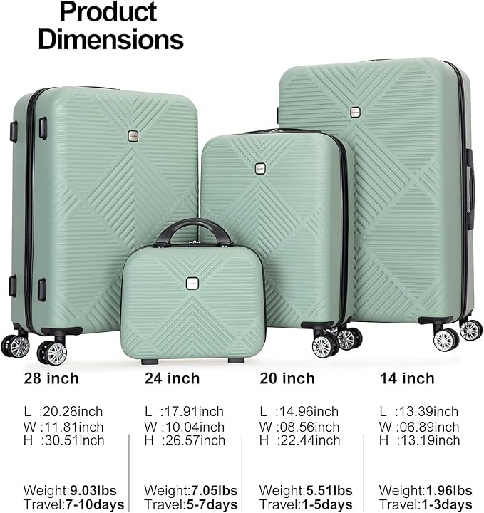 Luggage 4 Piece Set, Hardshell ABS Suitcase Set with Double Spinner Wheels, Lightweight Suitcase, Carry On and Checked Travel Luggage, Olive Green