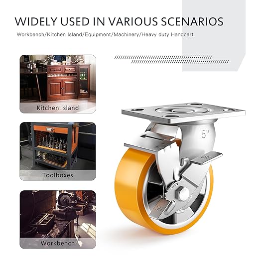 5 Inch Heavy Duty Casters Set of 4, Industrial Locking Casters 5000lbs Load Capacity, Plate Swivel Castor Wheels for Heavy Duty Carts, Workbench, Equipment, Platform Truck (Orange)