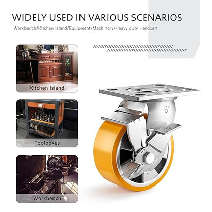 5 Inch Heavy Duty Casters Set of 4, Industrial Locking Casters 5000lbs Load Capacity, Plate Swivel Castor Wheels for Heavy Duty Carts, Workbench, Equipment, Platform Truck (Orange)