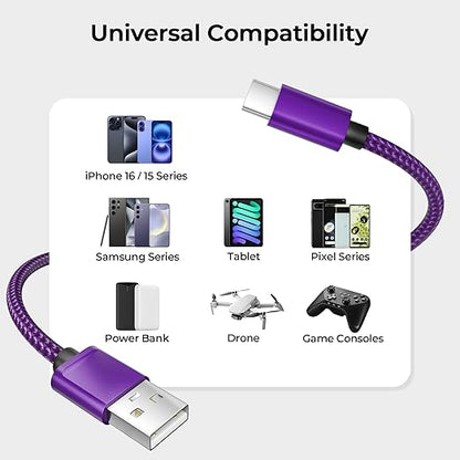 Basesailor USB Type C Charger Cable 10FT 2Pack,Nylon Charging Cord for iPhone 17 16 Pro Plus Max,Samsung Galaxy Z Flip,Note 20 10,S10 S10E 10E S20 FE S23 S24 S22 Ultra,A52 A53 A54,Google Pixel 7 6 XL