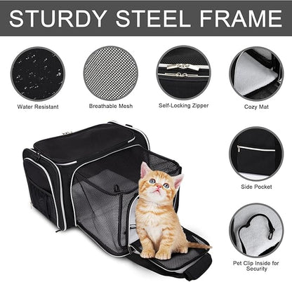 BAGLHER Expandable Cat Carrier with Travel Litter Box, Pet Travel 5 Sides Open Doors 3 Sides, Leak-Proof and Collapsible, for Car, Airplane Trip, Black
