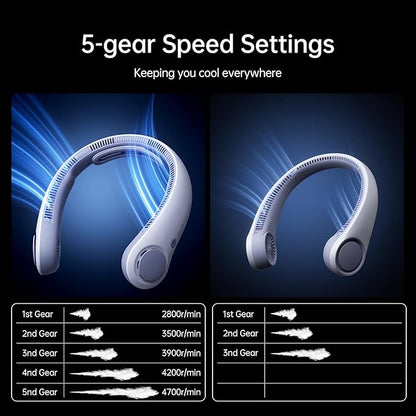 JISULIFE Portable Neck Fan Upgraded, Neckbrace Personal Hands Free, 5 Speed Gears Adjustment, 5000 mAh Wearable Bladeless Quiet Rechargeable for Outdoor Indoor, Gifts for Women Men- Sunny Blue
