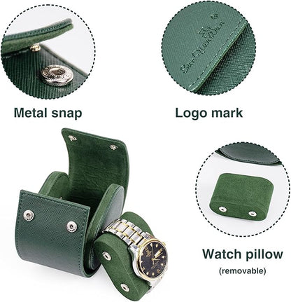 SANQIANWAN Single Travel Storage Watch Roll Portable PU Leather Watch Case Box for Men with Button Style Removable Watch Pillow Watch Display Roll (Dark Green)