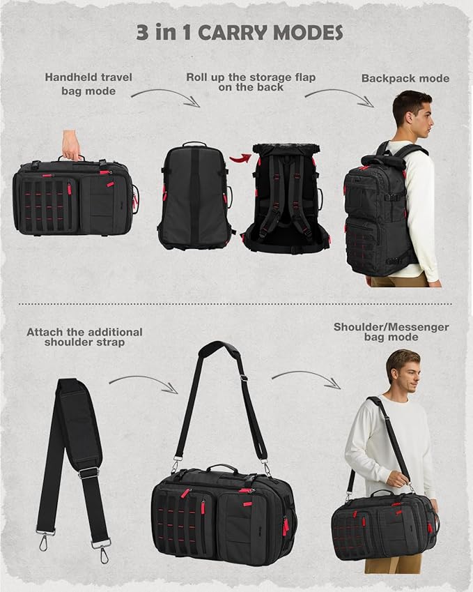Gonex Travel Backpack, Large Carry-On Nylon Duffle Bag, 3-in-1 Convertible Laptop Bag for Men & Women, Durable for Work & Weekend Travel (Black)