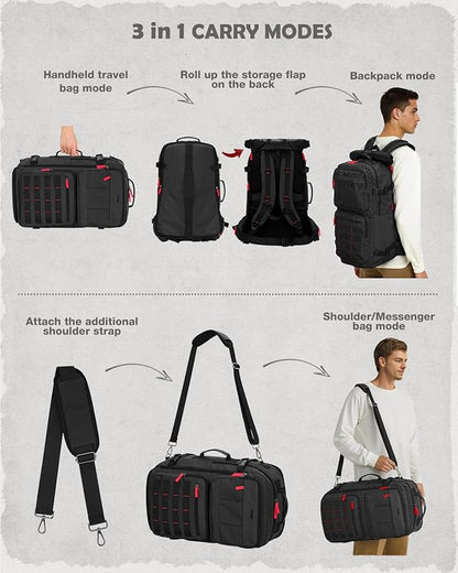 Gonex Travel Backpack, Large Carry-On Nylon Duffle Bag, 3-in-1 Convertible Laptop Bag for Men & Women, Durable for Work & Weekend Travel (Black)