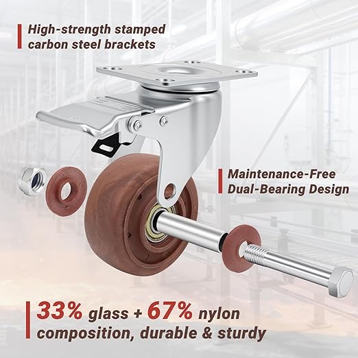 Nefish 3 Inch Casters Wheels, Heavy Duty Casters Set of 4, Durable Castor Wheels with Brake 1400 LBS, High Temperature Casters Glass Filled Nylon Wheels for Workbench, Industrial (-40°F to + 475°F)