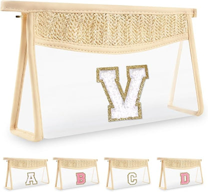 Personalized Initial Letter Bag Boho Straw Clear Makeup Bag,Small Cute Chenille Varsity Letter Pouch With Zipper,Beach Travel Toiletry,Portable Monogrammed Cosmetic Bag for Women Girls,V