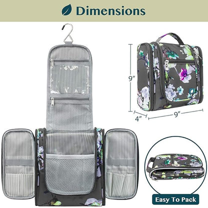 PAVILIA Toiletry Bag Travel Bag for Women Men, Hanging Cosmetic Organizer, Water Resistant Makeup Bag for Accessories Toiletries, Large Travel Essentials Kit (Floral Grey)