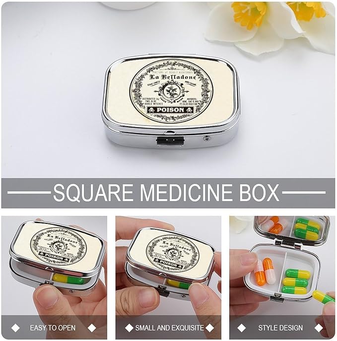 Metal 2 Compartment Pill Organizer Travel Friendly Portable Compact Pill Box Cute Pill Case,for Pocket Wallets Daily Portable Medicine Vitamin Tablet Storage (Retro Style)