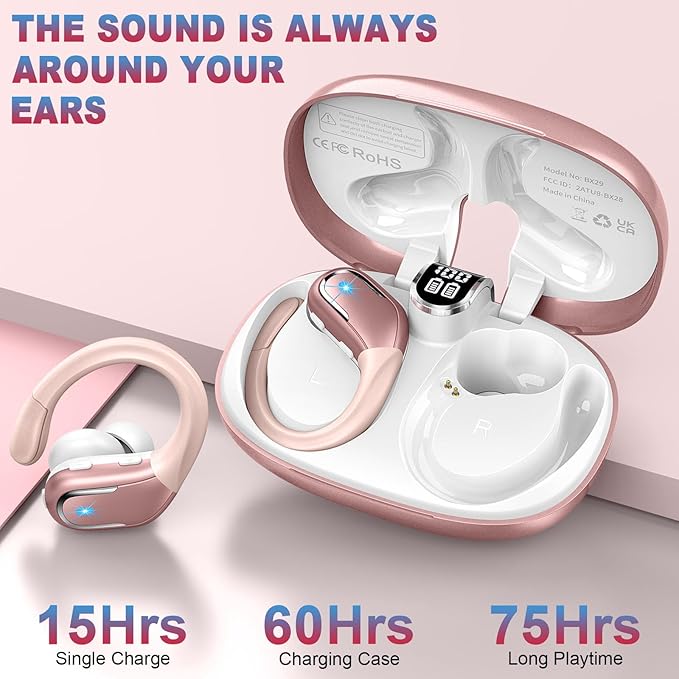 Wireless Earbud, 75Hrs Bluetooth 5.4 Headphones IP7 Waterproof for Sport, Running Wireless Earphones with ENC Noise Cancelling Mics, Deep Bass Over Ear bud with Earhooks for Android, iOS, Workout, Gym