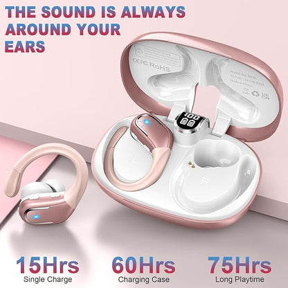 Wireless Earbud, 75Hrs Bluetooth 5.4 Headphones IP7 Waterproof for Sport, Running Wireless Earphones with ENC Noise Cancelling Mics, Deep Bass Over Ear bud with Earhooks for Android, iOS, Workout, Gym