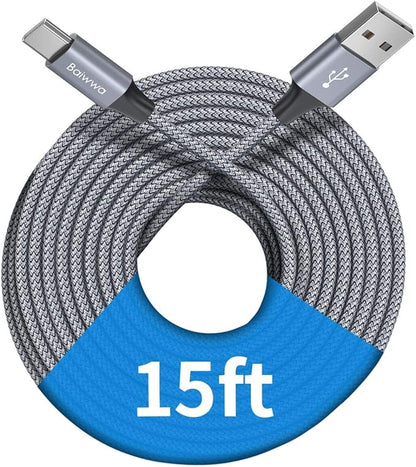 Baiwwa Long USB C Cable 15ft, USB A to Type C Cable Charger Cord Premium Nylon Braided for iPhone 16 15 Series Samsung Galaxy Note Tab, Moto, LG, Pixel and More USB C Smartphone & Tablet