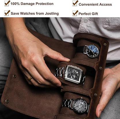 Genuine Leather Watch Roll Travel Case, Travel Watch Case for Men, Leather 3-Watches Roll Case for Bracelets, Portable Watch Storage Organizer with Removable Pillows