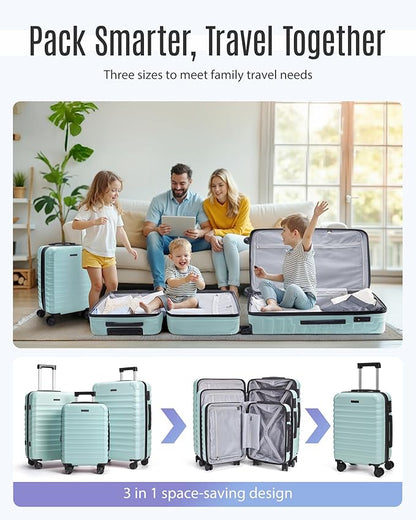 LIGHT FLIGHT Luggage Sets, 3 Piece Durable Suitcase Set with Spinner Wheels, 3 Pcs Hardside Lightweight luggage with TSA Lock, Large Checked Travel Suitcases, 20/24/28 Inch,Mint Green