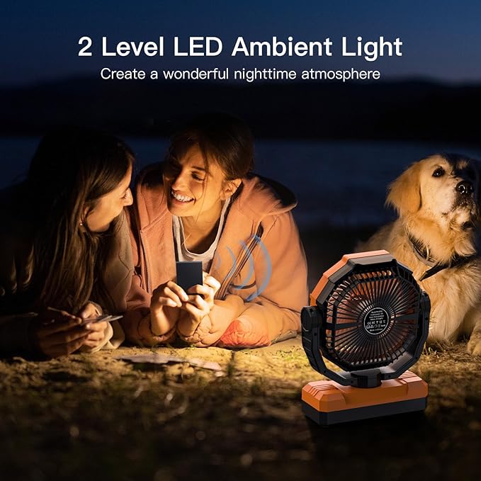 FRIZCOL 3-in-1 Camping Fan - Portable Fans Rechargeable - 24000mAh Battery Powered Fan(105Hrs) with Light & Remote for Indoor, Outdoor, Tent, Travel, Fishing, Jobsite, Gifts for Men Dad Him - Orange
