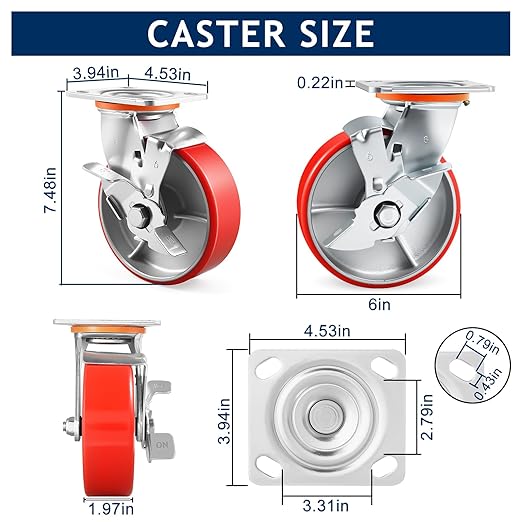 6 Inch Heavy Duty Caster Wheels Set of 4 Industrial Casters with Side Brake,Load 5000Lbs,Polyurethane Silent Steel Wheels,for Heavy Duty Die,Industrial Equipment Movement,U-Boat Cart(4 SideBrake)