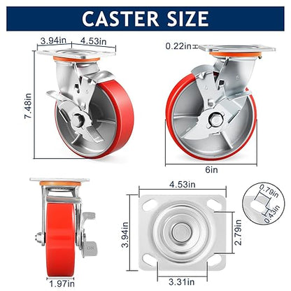 6 Inch Heavy Duty Caster Wheels Set of 4 Industrial Casters with Side Brake,Load 5000Lbs,Polyurethane Silent Steel Wheels,for Heavy Duty Die,Industrial Equipment Movement,U-Boat Cart(4 SideBrake)